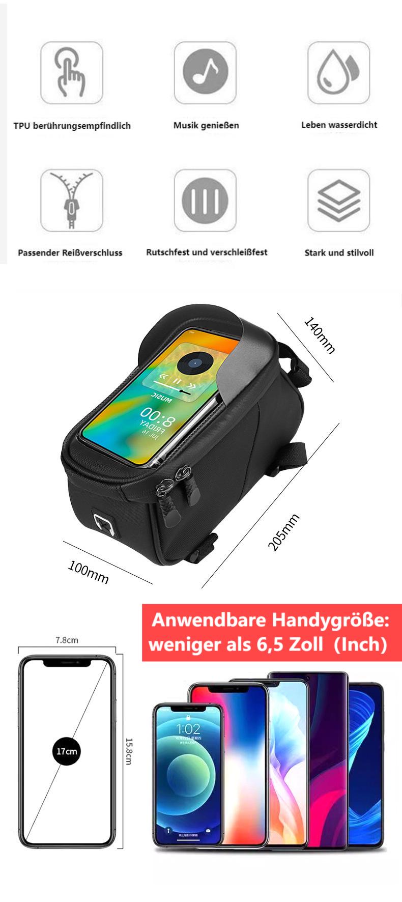 Fahrrad-Oberrohrtasche，große Kapazität, Oberrohr-Fahrradtasche mit empfindlicher Touchscreen-Funktion und Sonnenblende, wasserdichte Fahrrad-Handy-Tasche für Smartphones